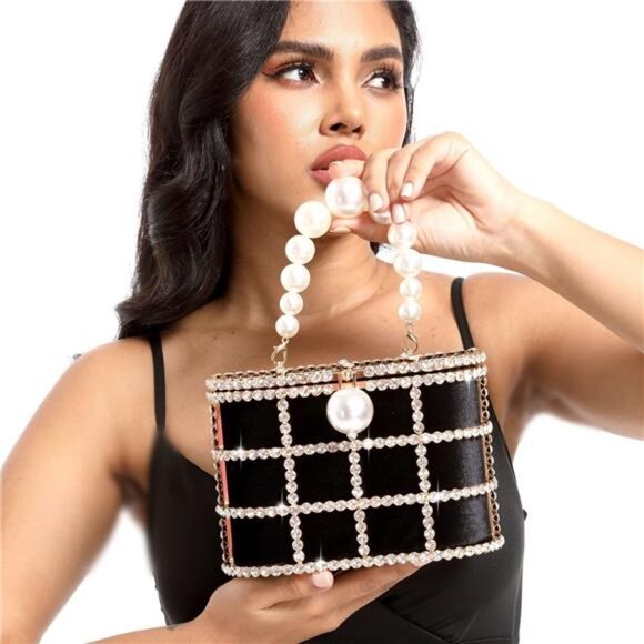 Evening Handbags with Pearl Rhinestones Wedding Bucket Totes Bags Party Clutch - Picture 3 of 7